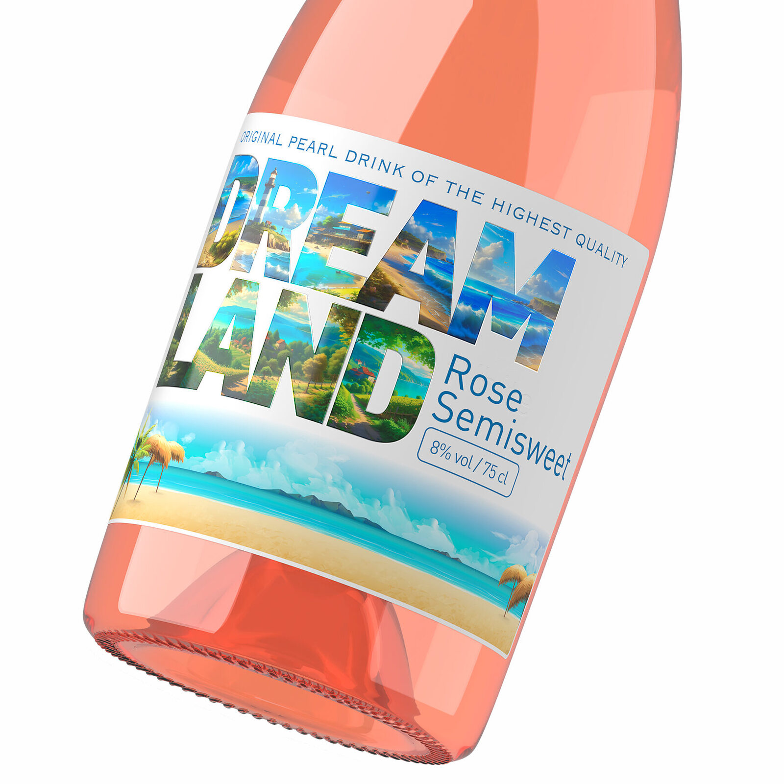 дизайн напитка Dream Land Rose с тропическим пейзажем внутри шрифта