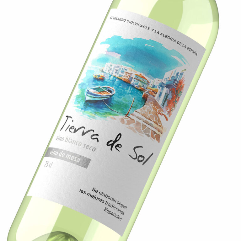 дизайн этикетки вина Tierra de Sol с акварельной иллюстрацией побережья