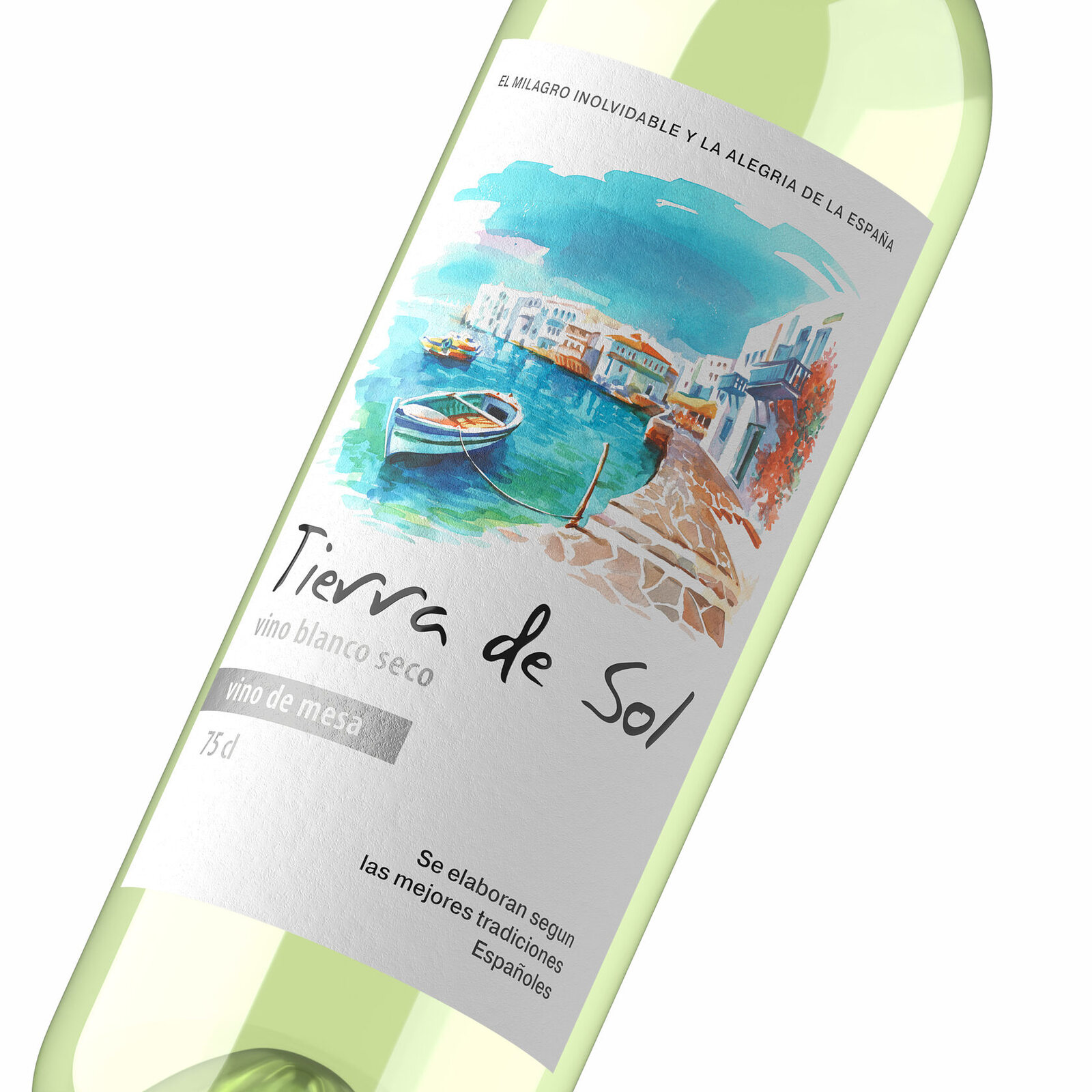 дизайн этикетки вина Tierra de Sol с акварельной иллюстрацией побережья