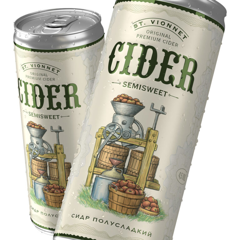 дизайн банки сидра ST. VIONNET с иллюстрацией пресса для яблок
