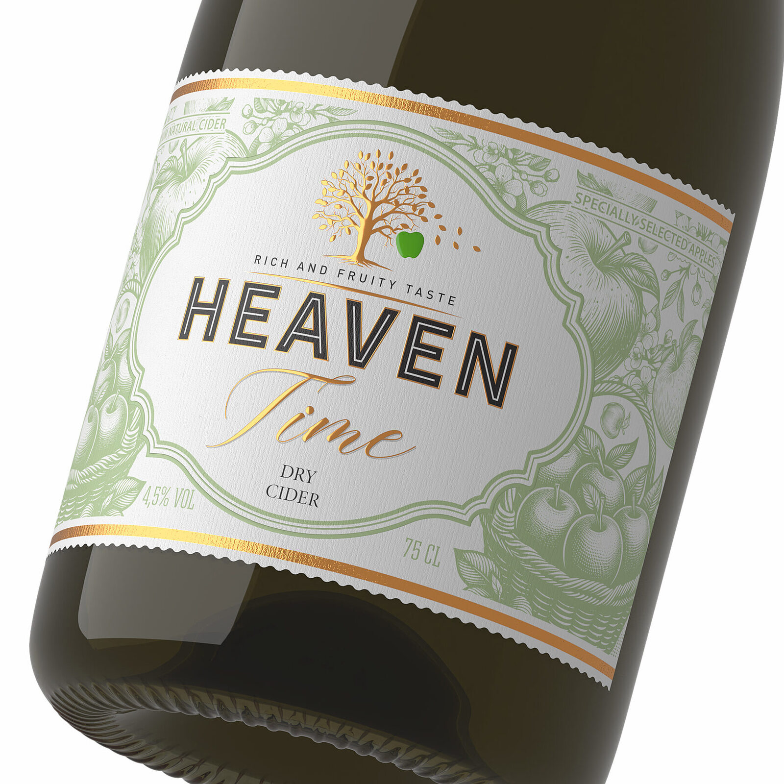 дизайн сидра Heaven Time с натуральной яблочной иллюстрацией и классической рамкой