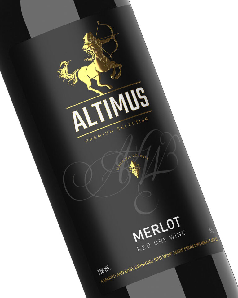 дизайн этикетки вина Altimus Merlot в черно-золотом стиле