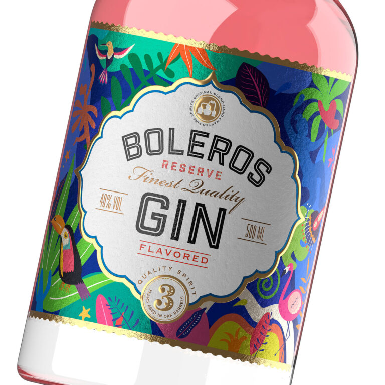 дизайн джина Boleros с яркой тропической иллюстрацией и декоративной айдентикой