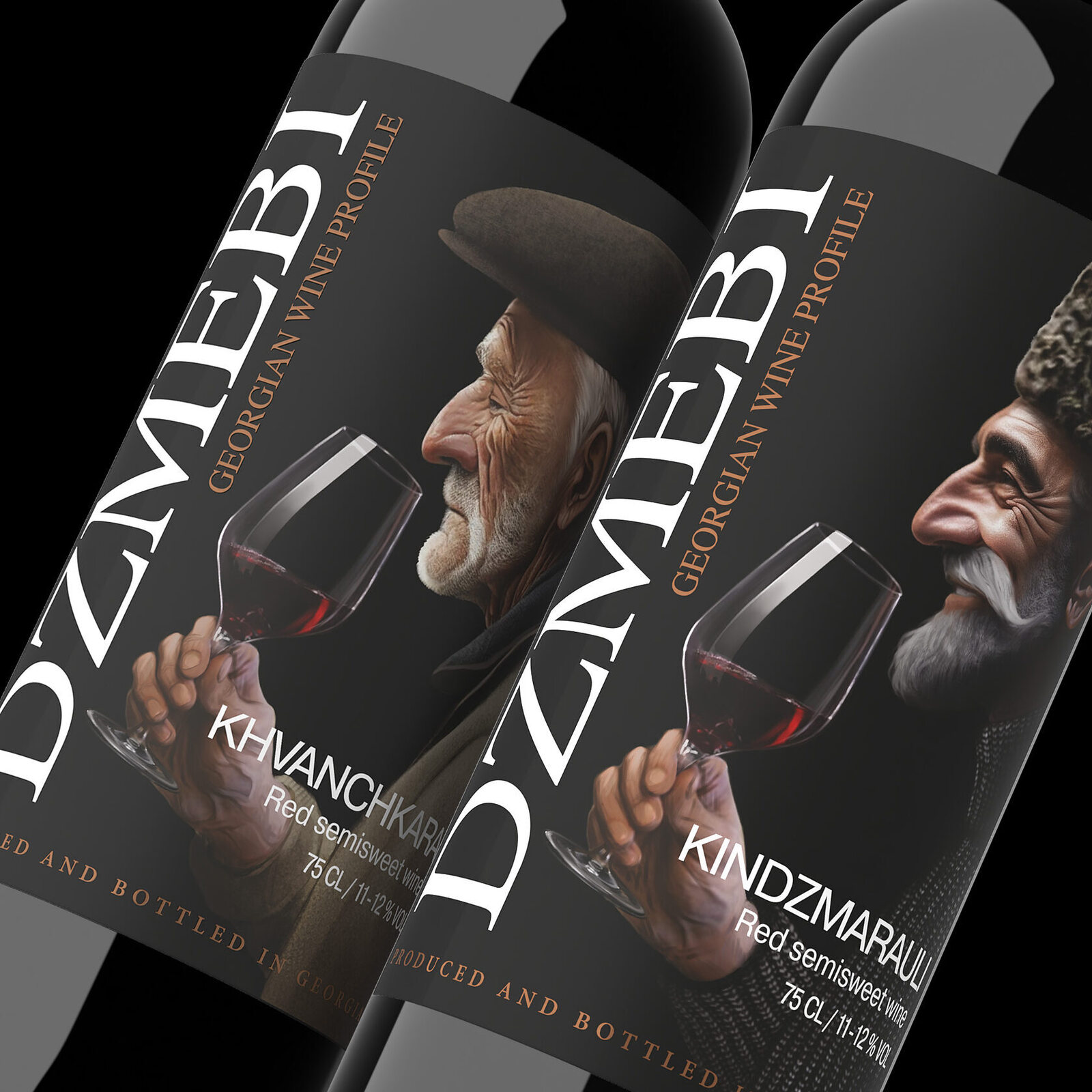 дизайн этикетки грузинского вина DZMEBI с портретной иллюстрацией виноделов