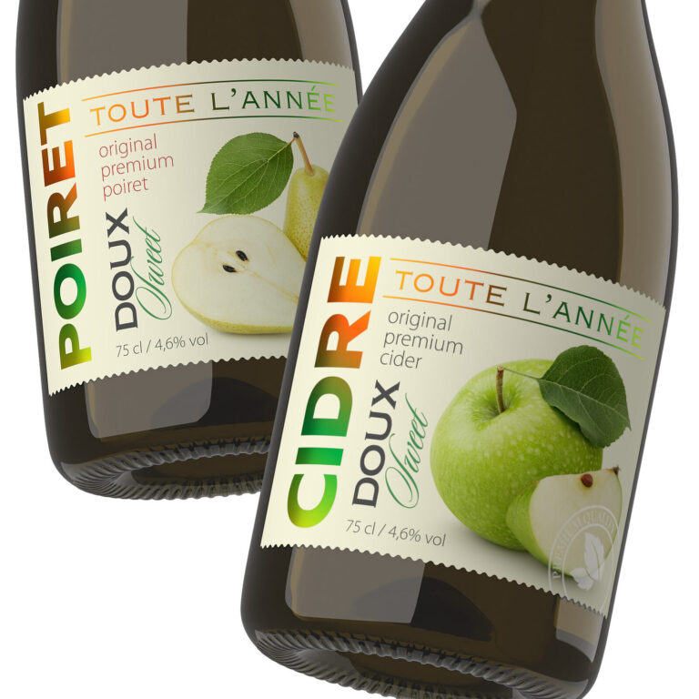 дизайн этикетки сидра CIDRE DOUX и POIRE с яблоком и грушей