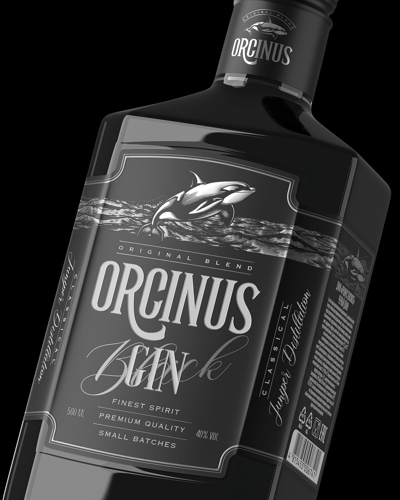 дизайн черной этикетки алкоголя Orcinus Black с косаткой