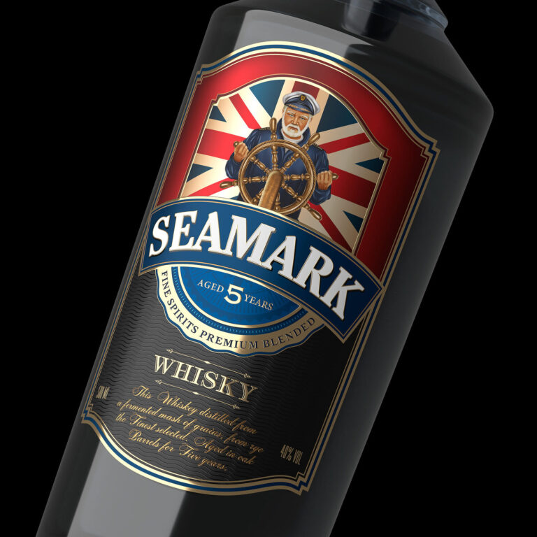 дизайн этикетки виски Seamark с морской тематикой и капитаном у штурвала