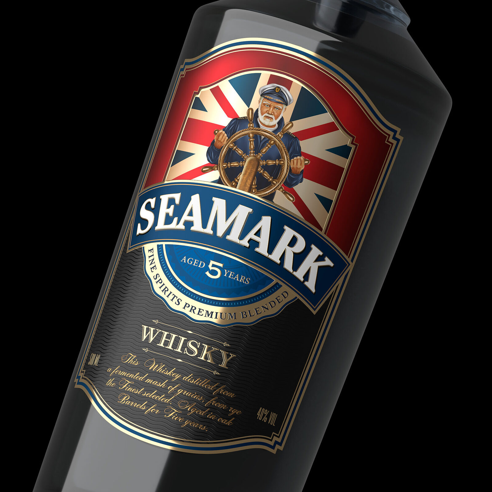дизайн этикетки виски Seamark с морской тематикой и капитаном у штурвала
