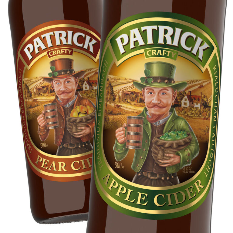 дизайн этикетки сидра Patrick Crafty с иллюстрацией ирландского персонажа