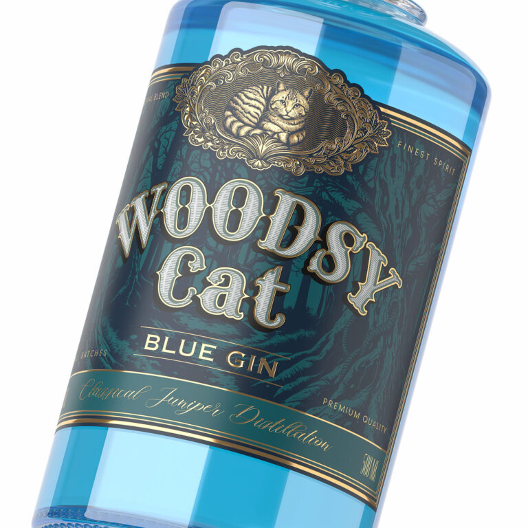 дизайн джина Woodsy Cat Blue Gin с винтажной иллюстрацией кота и лесной графикой