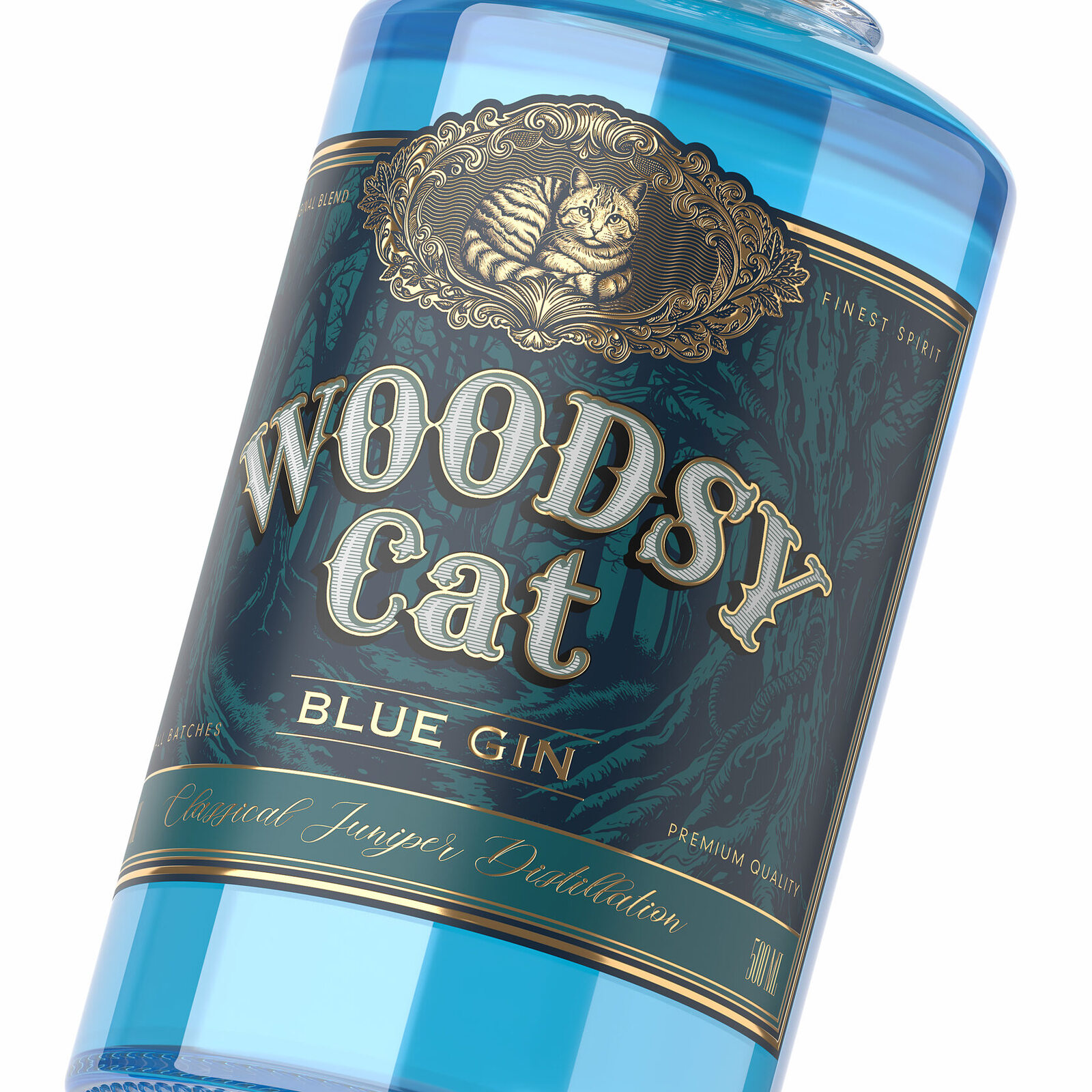 дизайн джина Woodsy Cat Blue Gin с винтажной иллюстрацией кота и лесной графикой