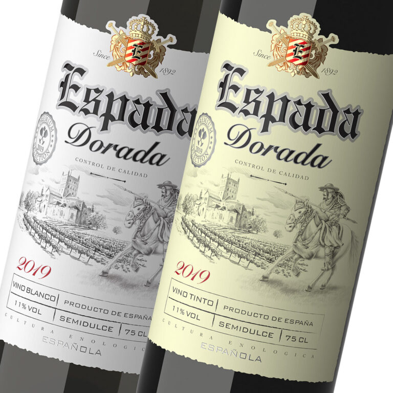 дизайн этикетки испанского вина Espada Dorada в винтажном стиле с гравюрой