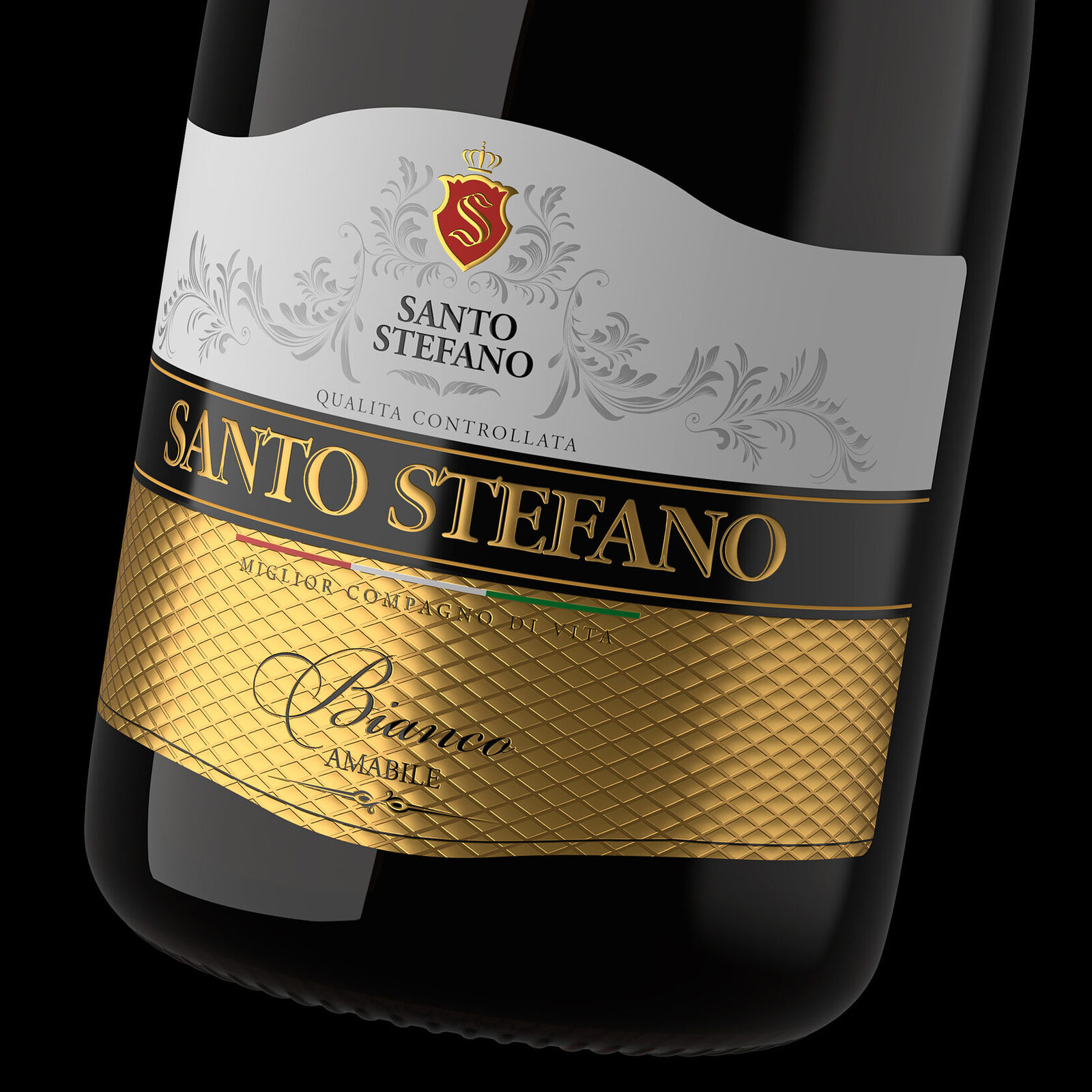 дизайн этикетки игристого вина Santo Stefano с золотым орнаментом
