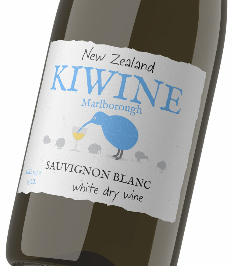 дизайн этикетки вина Kiwine Sauvignon Blanc с птицей киви