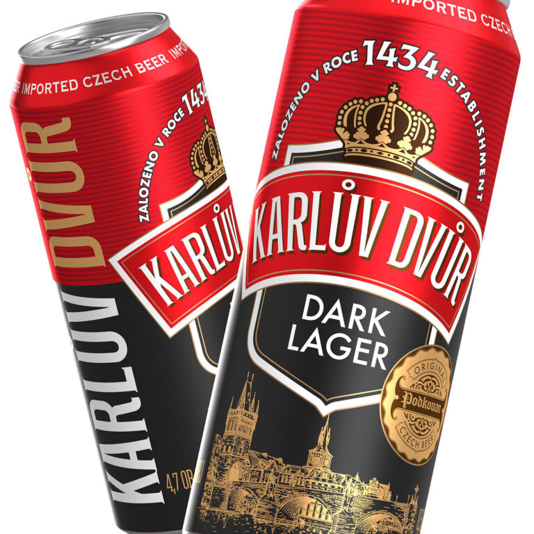 дизайн банки пива Karlův Dvůr Dark Lager в классическом европейском стиле