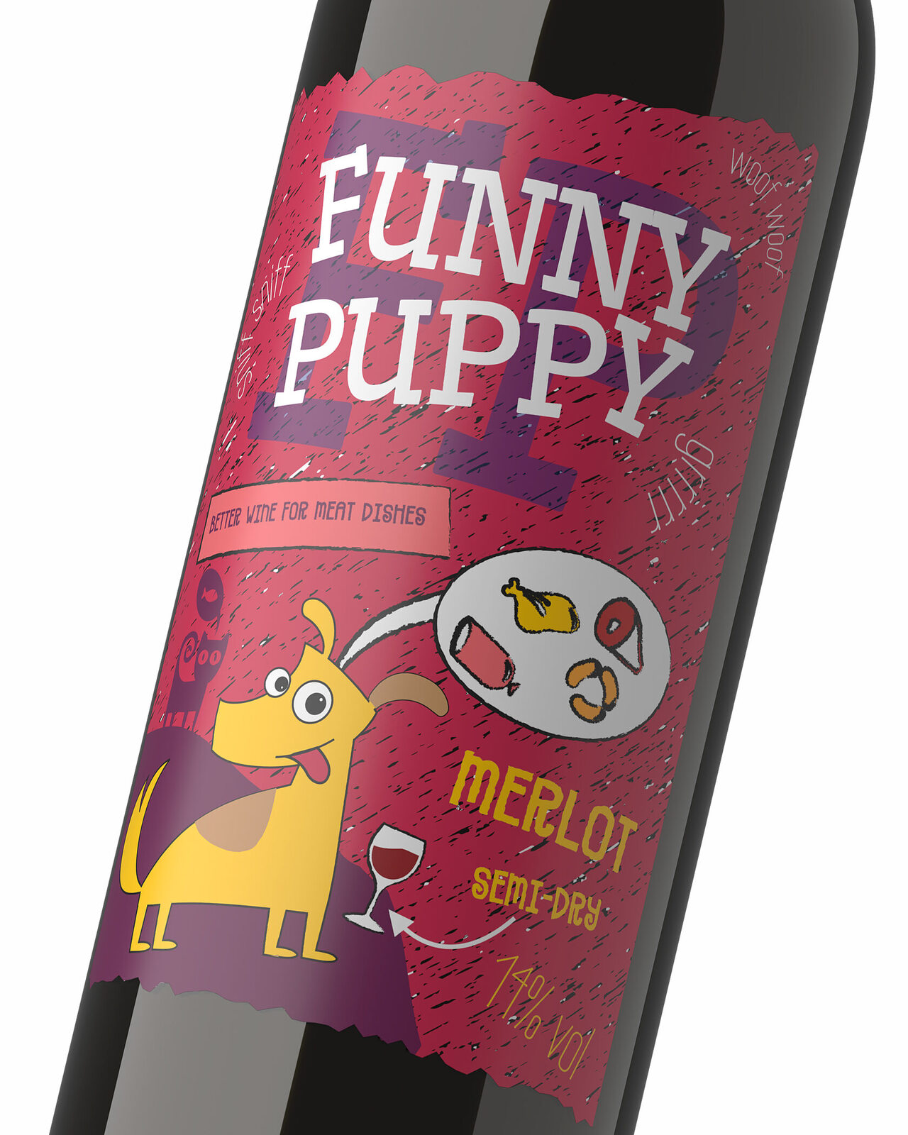 дизайн этикетки вина Funny Puppy Merlot с иллюстрацией собаки