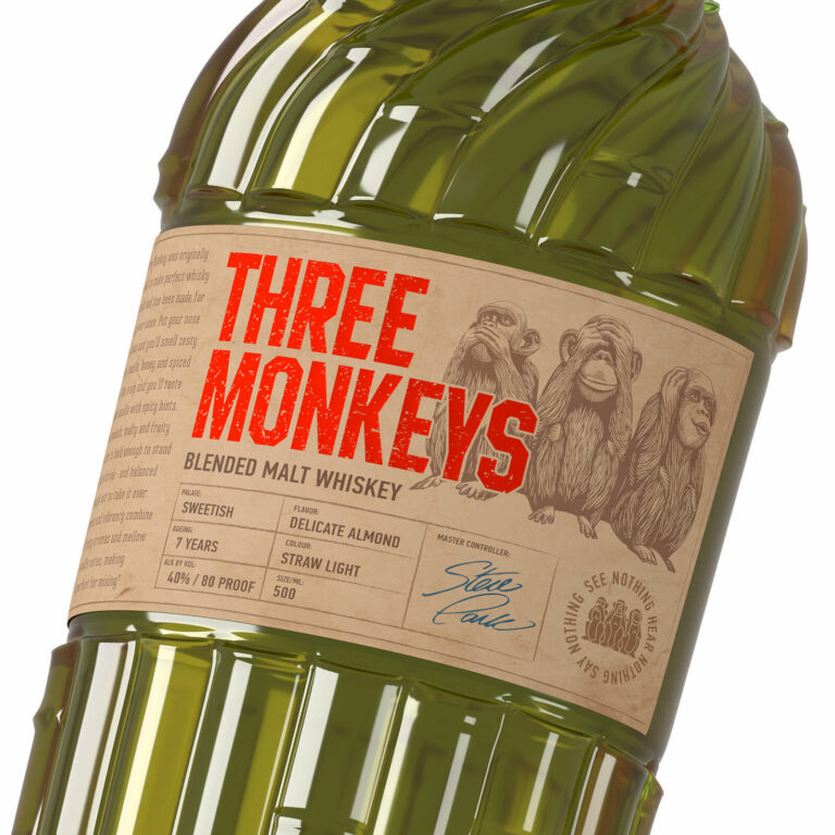 дизайн виски Three Monkeys с яркой типографикой и иллюстрацией обезьян