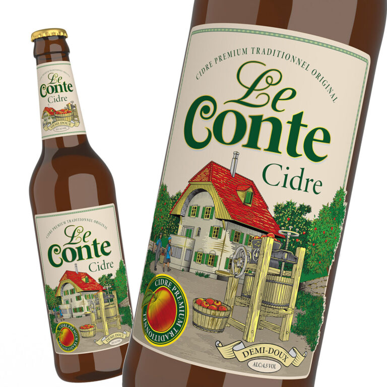 дизайн этикетки сидра Le Conte с иллюстрацией фермерского дома