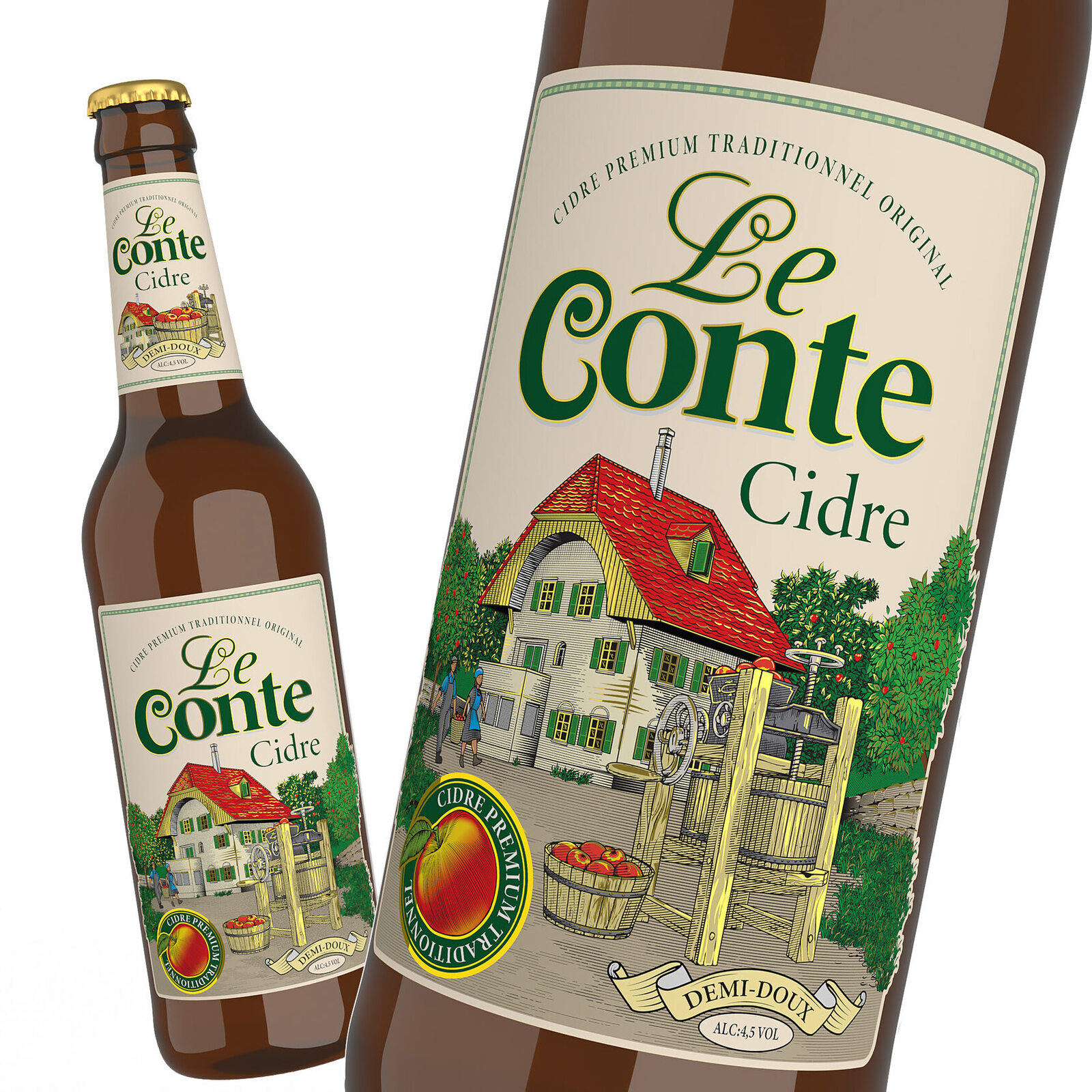 дизайн этикетки сидра Le Conte с иллюстрацией фермерского дома