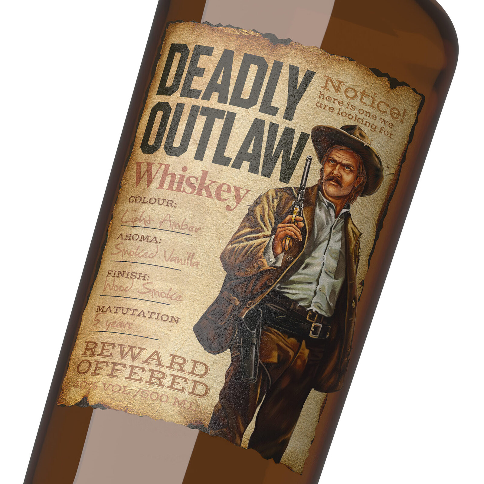дизайн виски Deadly Outlaw в стиле дикого запада с персонажем ковбоя