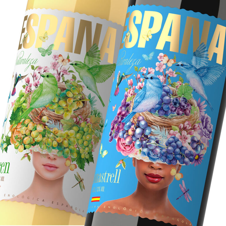 креативный дизайн этикетки вина ESPANA с иллюстрацией птиц и фруктов