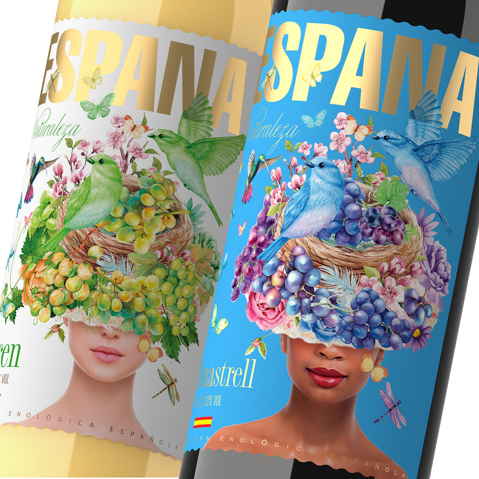 креативный дизайн этикетки вина ESPANA с иллюстрацией птиц и фруктов