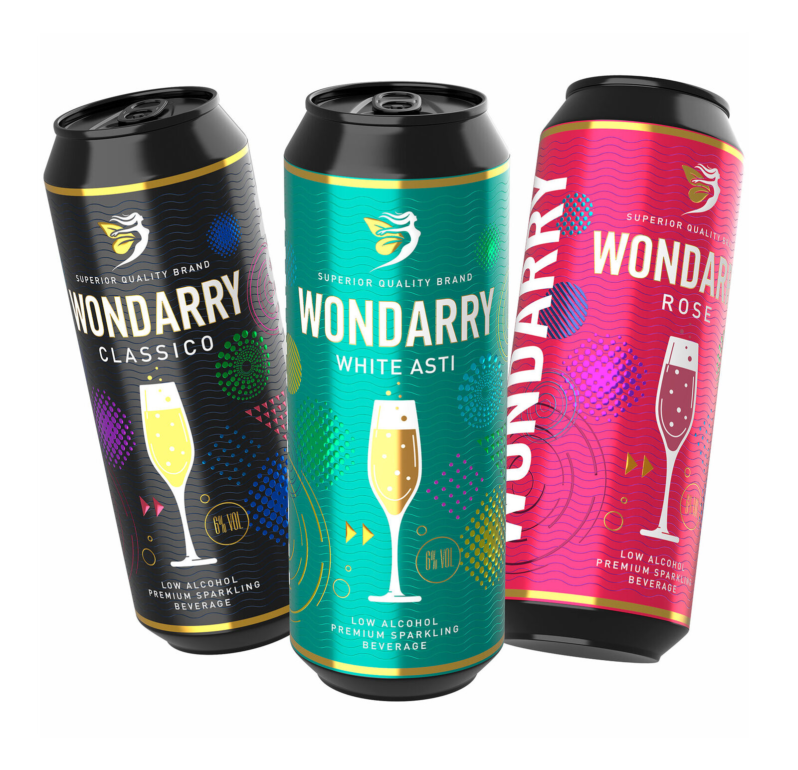 дизайн линейки напитков Wondarry в банках с яркой цветовой дифференциацией вкусов