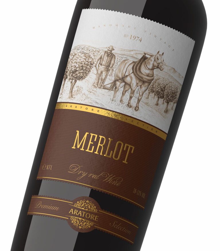 дизайн этикетки вина Merlot с иллюстрацией фермера и лошади