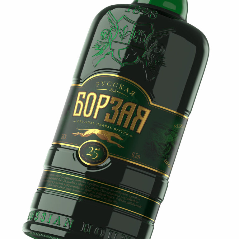 дизайн бутылки настойки Русская Борзая с темно-зеленой премиальной этикеткой