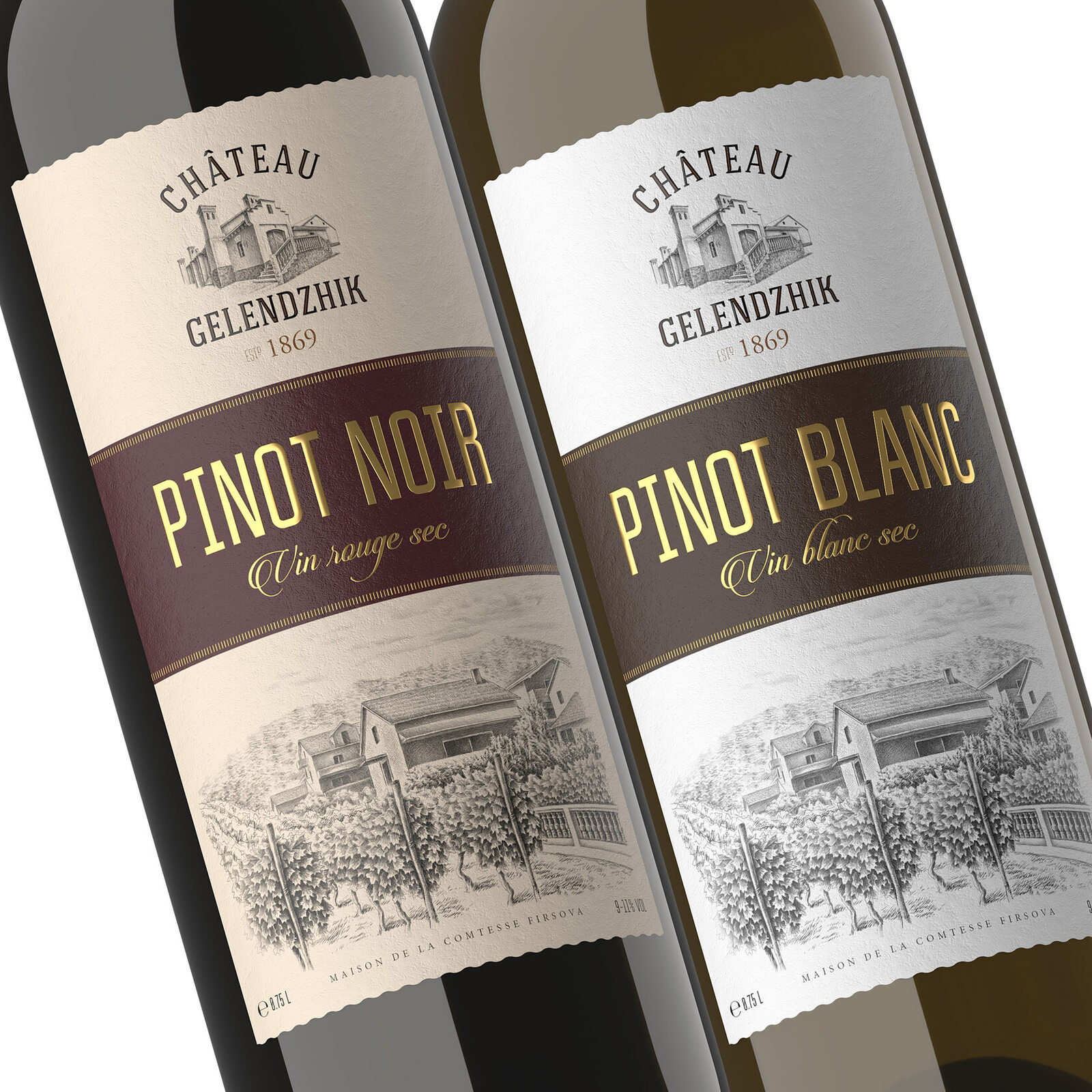 дизайн линейки вин Chateau Gelendzhik Pinot Noir и Pinot Blanc в классическом стиле