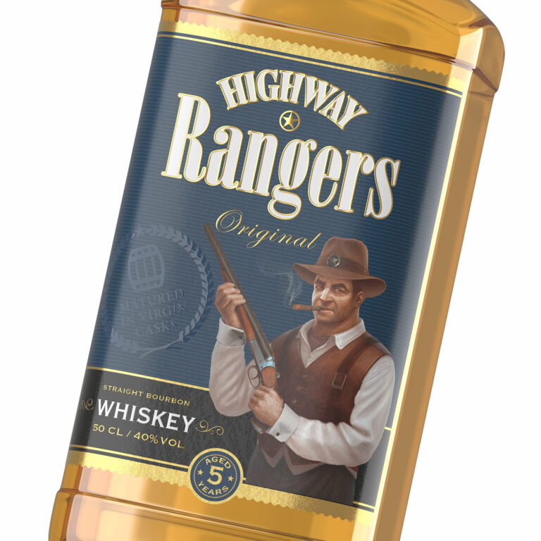 дизайн этикетки виски Highway Rangers с персонажем ковбоя