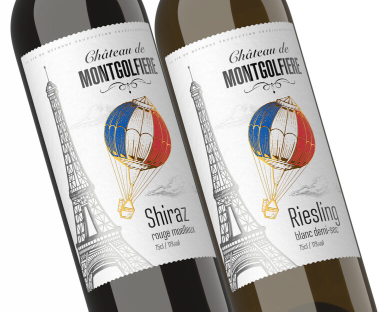 дизайн этикетки вина Chateau de Montgolfiere с воздушным шаром и Эйфелевой башней