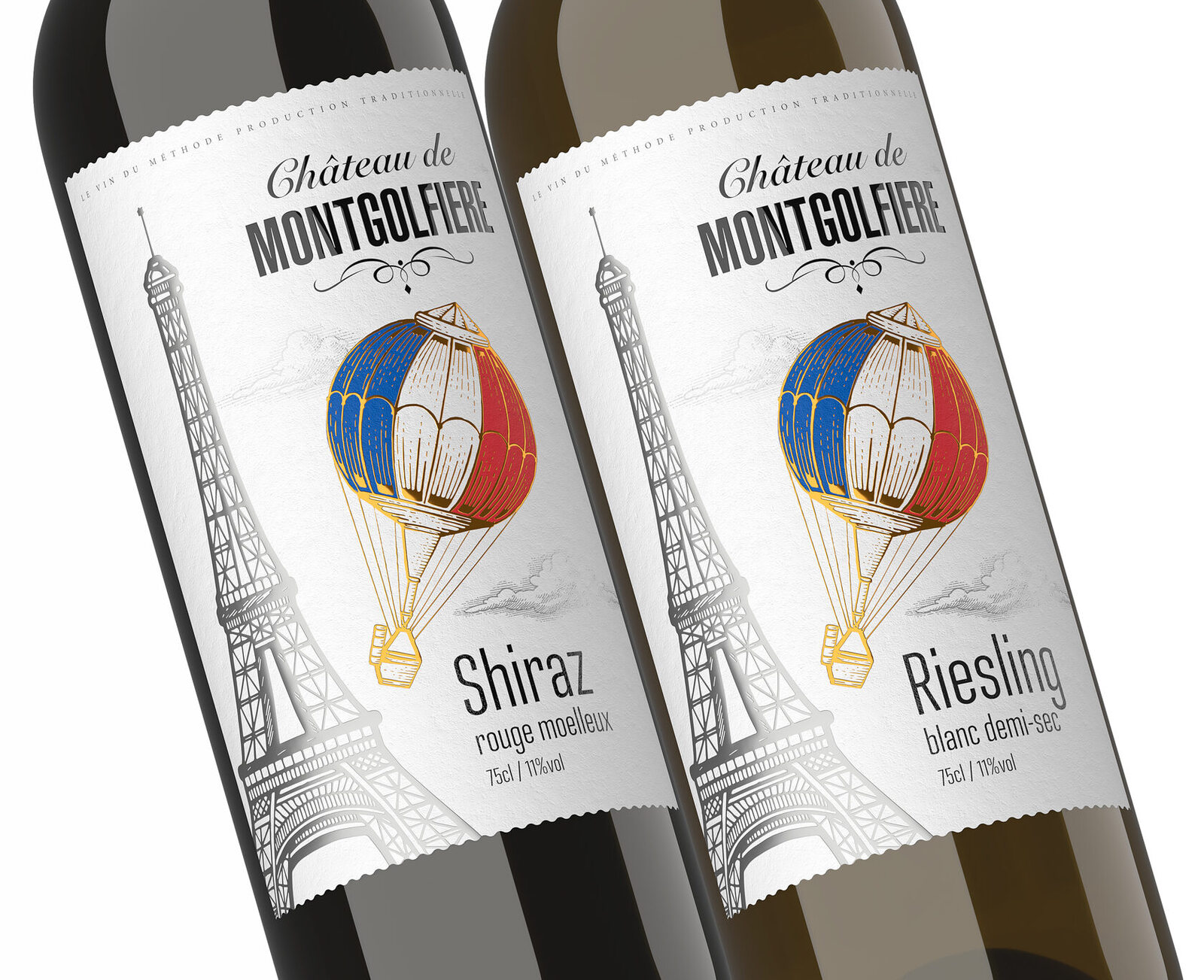 дизайн этикетки вина Chateau de Montgolfiere с воздушным шаром и Эйфелевой башней