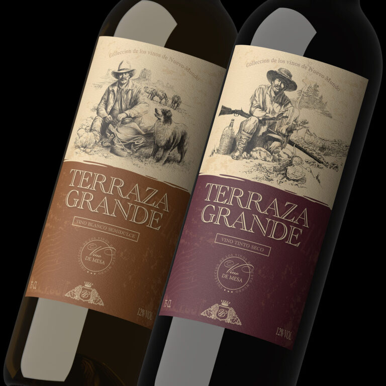 дизайн винной линейки Terraza Grande с винтажной иллюстрацией и цветовой дифференциацией