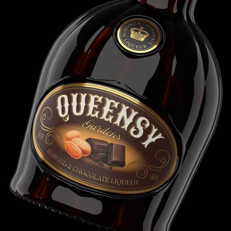 дизайн ликера Queensy Gardens с шоколадом и миндалем в премиальном стиле