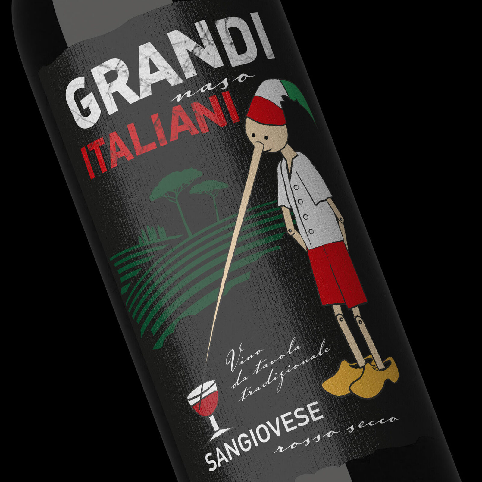 креативный дизайн этикетки вина Grandi Italiani с персонажем Пиноккио