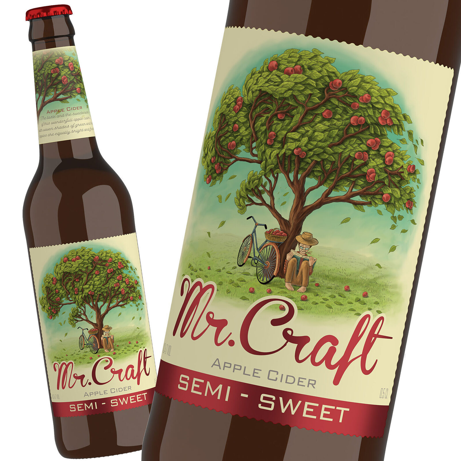 дизайн этикетки крафтового сидра Mr Craft с иллюстрацией яблоневого сада