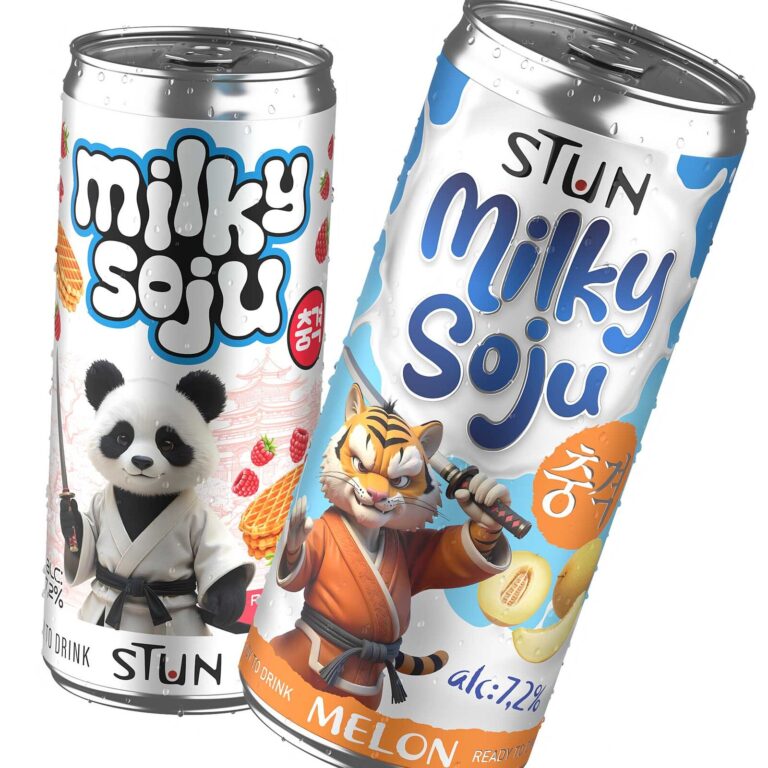 Дизайн банки напитка Milky Soju в ярком азиатском стиле с использованием персонажей и иллюстраций. Разработка упаковки с акцентом на молодежную аудиторию, эмоциональный отклик и высокую заметность на полке. Дизайн сочетает playful-стилистику, насыщенные цвета и графические элементы, формируя запоминающийся бренд для RTD и слабоалкогольных напитков. Подходит для FMCG-сегмента, маркетплейсов и массового рынка.